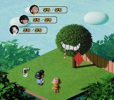 an animated game with people and animals in the background