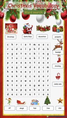 Wordsearch where ESL students have to find vocabulary associated with Christmas. These words include Santa Claus, elf, stocking, and sleigh. Save this pin for your next ESL class, and Merry Christmas! Elf Stocking, Santa Claus Decorations, Worksheet For Kids, Worksheets For Kids, Vocabulary Words, Christmas Presents, Word Search, Santa Claus, Vocabulary