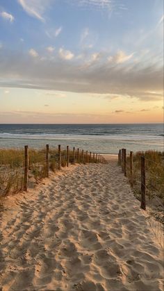 a sandy path leading to the beach with ocean and sky in the background at sunset