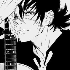 an anime character holding a guitar and looking at the camera with his eyes closed,