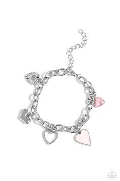 A textured silver heart silhouette, sleek silver heart, sunburst-detailed silver heart, red-painted heart, and baby pink pearl heart dangle along a silver chain for a romantic declaration. Features an adjustable clasp closure around the wrist. Sold as one individual bracelet.