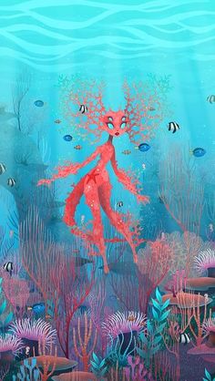 an underwater scene with corals, fish and seaweed in the foreground is a red octopus