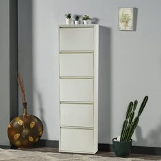 a tall white cabinet sitting next to a potted plant on top of a rug