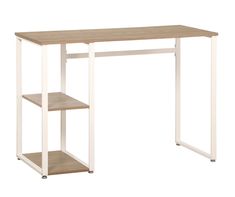 a computer desk with two shelves on the bottom and one shelf below it that is white