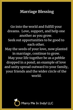 a poem written in gold on a black background with the words marriage blessing and an image of