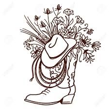 a cowboy boot with flowers and a hat on it's head is drawn by hand