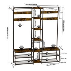 the measurements for an industrial shelving unit with shelves, drawers and candles on each shelf