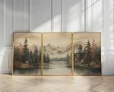 three framed paintings on the wall in an empty room with wood flooring and white walls