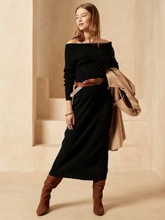 Off-the-Shoulder Sweater Dress | Banana Republic Sweater Over Dress, Knitted Dress Outfit, Elegantes Outfit Damen, Classy Business Outfits, Fall Sweater Dress, Long Sweater Dress, Black Sweater Dress, Sweater Dress Women, Knit Stitch