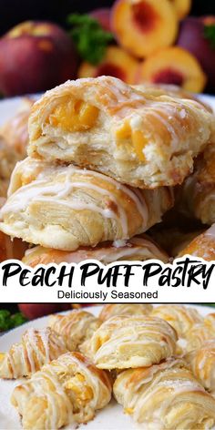 A double collage photo of peach puff pastries on a white plate. Peach Puff Pastry, Cream Cheese Puffs, Puff Pastry Recipes Dessert, Cream Cheese Puff Pastry, Pastries Recipes Dessert, Peach Dessert Recipes, Sweet Glaze, Puff Pastry Desserts, Cheese Puff Pastry