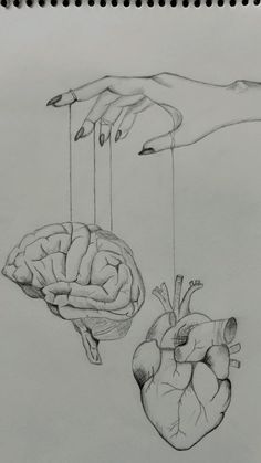 two hands are holding strings that connect to a human heart and the other hand is reaching for it