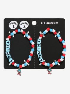 Show off your bond with your bestie with these playful Dr. Seuss bracelets! This set features blue  white and red beaded bracelets that spell out "Thing 1" and "Thing 2" with matching charms. AcrylicSet of 2Imported Positive Bracelet Words, Thing 1 Thing 2 Bracelets, Best Friend Braclet Ideas, Bestie Friendship Bracelets, Matching Bracelet Ideas For Best Friends, Bff Bracelets Ideas, Diy Best Friend Bracelets, Clay Bracelet Ideas Matching, Cute Matching Bracelets For Best Friends