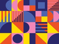 an abstract background with different colored shapes and lines, including circles and rectangles