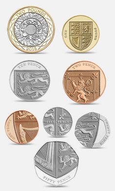 six different types of coins with the names of their respective countries on each one side