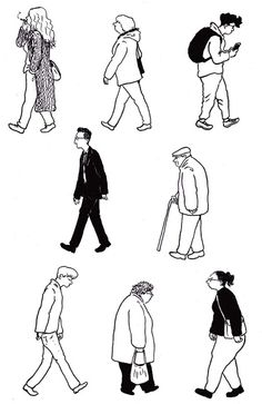 black and white drawing of people walking down the street in different directions, with one man looking at his cell phone