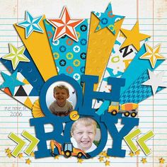 In addition to the telling the story behind the photos featured on your layout, scrapbook titles helps to strengthen the overall visual design of the page. When it comes to designing titles, the sky really is the limit! Here you will find fourteen creative ideas to incorporate this key element into your scrapbook pages. Baby Boy Scrapbook, Scrapbook Titles, Birthday Scrapbook