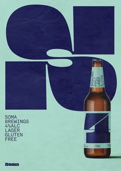 a bottle of beer sitting on top of a blue and white poster with the letter q in it