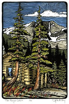 a drawing of a cabin in the woods with mountains and clouds behind it, as well as pine trees