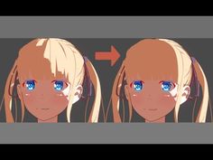 an animation character's face with blue eyes and long blonde hair is shown in two different angles