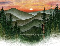 a painting of mountains and trees at sunset