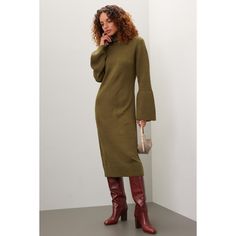 Green knit (100% Acrylic). A-line. Long sleeves. Turtleneck. Pull on. 45" from shoulder to hemline. Imported. Fall Stretch Midi Dress Knee-length, Ribbed Workwear Dresses For Fall, Fall Ribbed Workwear Dresses, Fall Stretch Sweater Dress Midi Length, Stretch A-line Midi Dress For Fall, Chic A-line Knit Dress, Fall Knit Midi Dress, Chic A-line Sweater Dress For Fall, Fall A-line Ribbed Dress