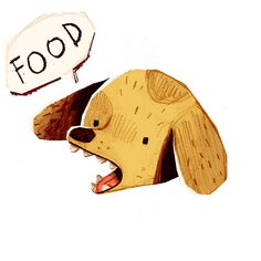 a drawing of a dog with its mouth open and the word food written above it