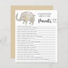 a card with an elephant on it that says 20 questions about the parents