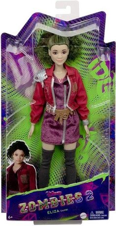 the doll is wearing a red jacket and purple dress