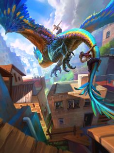 a dragon flying over a city next to a tall building