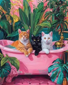 Cottagecore Bathroom, Cat Tuxedo, Pink Bathtub, Poster Cat, Three Cats, Cat Posters, Bathroom Art, Cat Painting, Cat Drawing