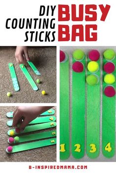 the instructions for how to make easy and fun diy counting stick bags with pom - poms