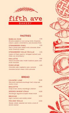 a menu for a bakery with breads and pastries