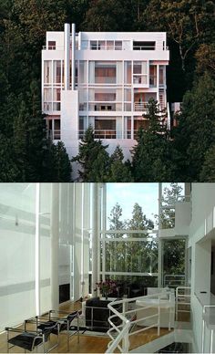 two pictures side by side of a building with trees in the background and an image of a house from above