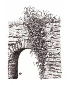 a black and white drawing of a stone arch with vines growing on it, in front of a brick wall