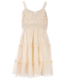 Rare Editions Big Girls 7-16 Sleeveless Crocheted-Bodice Tiered Gauze Skirt Tie Back Dress | Dillard's Girls Boho Dress, Kids Dress Clothes, Bride Maids, Gauze Skirt, Kids Summer Dresses, Gauze Skirts, Tie Back Dress, Affordable Dresses, Fringe Dress