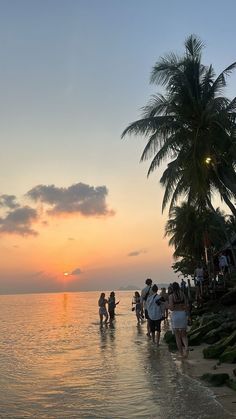 people walking on the beach at sunset with palm trees in the foreground and sun setting behind them