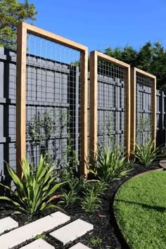 an outdoor garden with plants and stone walkways