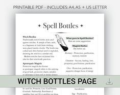 Create spell bottles and jar for protection, love and good fortune. An easy reference one-page guide to spell bottles magick. Includes suggestions of herbs and other ideas to include in your witch bottle.  ･ ｡ﾟ☆: *.☽ .* :☆ﾟ.  * This Book of Shadows page is from the Witchcraft Starter Kit.  You can purchase this single page on the page you are currently on or view the 27 pages bundle Witchcraft Starter Kit here https://www.etsy.com/au/listing/1163320164/witchcraft-starter-kit-bundle-book-of?click Witch Diary, Witch Grimoire, Witch Bottle, Spell Bottles, Witch Bottles, Spell Jars, Witchcraft Books, Easy Reference, Witchcraft For Beginners