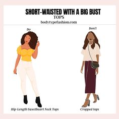 How to dress if you are short-waisted with a big bust - Fashion for Your Body Type Dresses For Big Bust, Short Girl Fashion, Outfits For Petite, Rectangle Body Shape, Narrow Hips, Apple Body Shapes