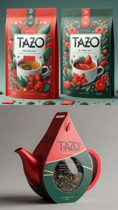 two bags of tazo tea next to each other on a table with red and green decorations