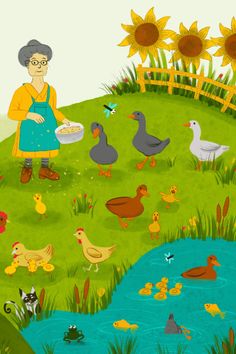 an old woman standing in front of a pond filled with ducks and ducks next to sunflowers