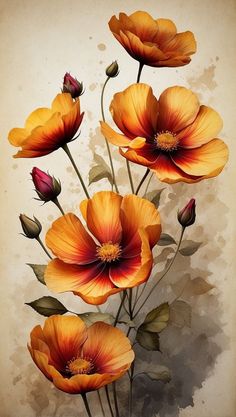 an artistic painting of orange flowers on a beige background