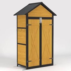 a small wooden storage shed with two doors