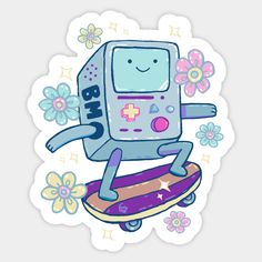 a cartoon character on a skateboard with flowers and stars in the sky behind it