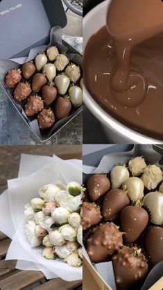 four different pictures of chocolates in a box and on top of the same one