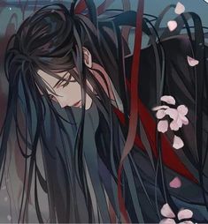 an anime character with long black hair and flowers in her hair