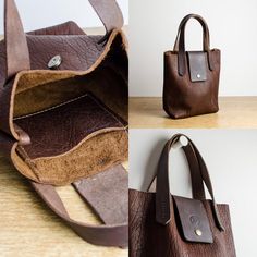 three different views of a brown leather handbag