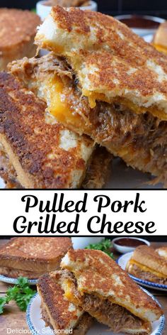 A double photo collage of a crispy grilled cheese with pulled pork. Pulled Pork Grilled Cheese Sandwiches, Recipes With Pulled Pork Leftovers, Leftover Pulled Pork Ideas, Grill Menu Ideas, Recipe Using Pulled Pork, Pulled Pork Grilled Cheese, Pork Grilled Cheese, Leftover Pulled Pork Recipes, Panini Ideas