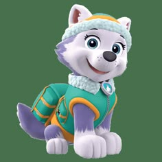 a cartoon dog wearing a green and orange outfit