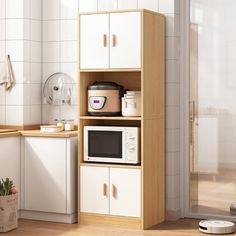 a white microwave oven sitting on top of a wooden shelf next to a kitchen counter